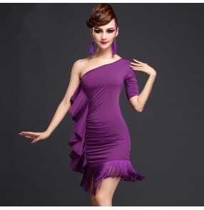 Black royal blue purple violet one shoulder sleeves ruffles side fringes women's ladies female competition performance professional latin salsa cha cha dance dresses outfits